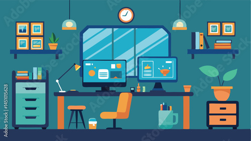 Modern workspace vector illustration showcasing a cozy office design with large windows and city views during daylight hours