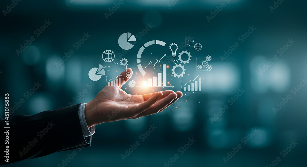 A hand holding glowing data analytics and business intelligence icons in a dark environment selling, purchasing, agreement, $ A hand holding glowing data analytics and business intelligence icons in a dark environment selling, purchasing, agreement, $