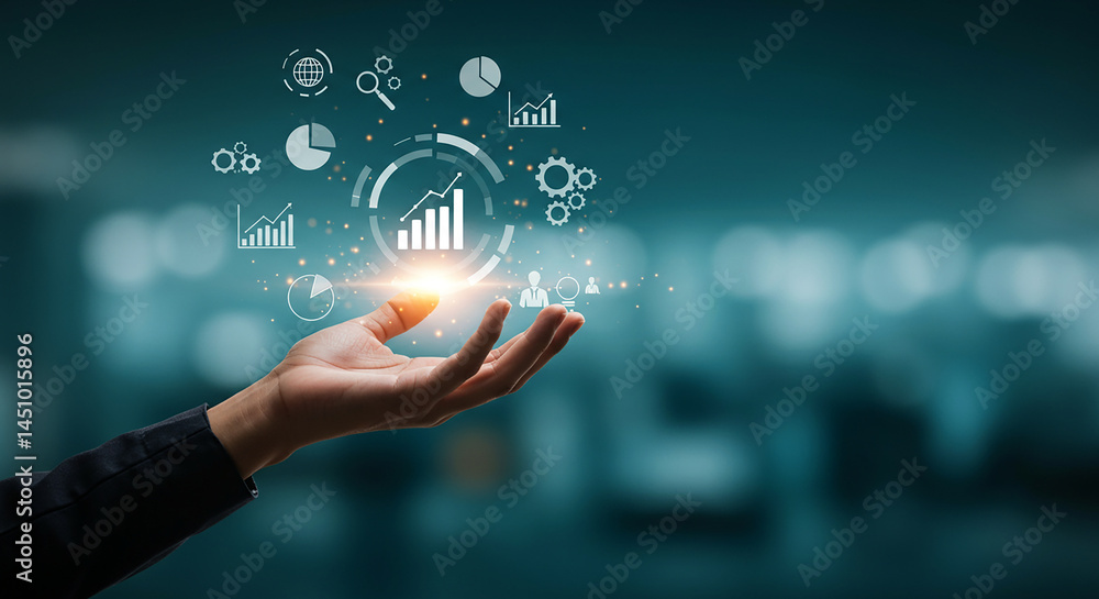 Fototapeta premium Hand presenting digital data and analytics icons floating above against a blurred background selling, purchasing, agreement,&nbsp;$