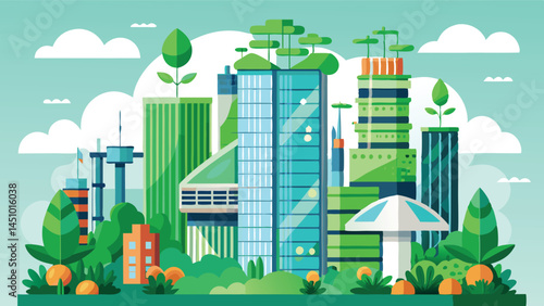 Modern cityscape featuring green architecture and skyscrapers in a vibrant urban environment during a sunny day