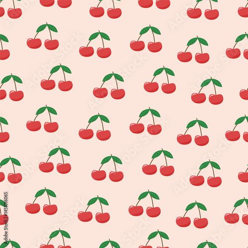 A bright and eye-catching pattern featuring cherries on a delicate peach background. Each pair of juicy red berries with green leaves creates a feeling of freshness and joy. This design is perfect for