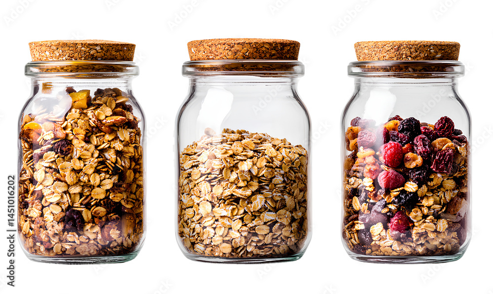 Mason jar with granola, dried fruits, and nuts isolated on a transparent background, cutout in PNG file format Mason jar with granola, dried fruits, and nuts isolated on a transparent background, cutout in PNG file format