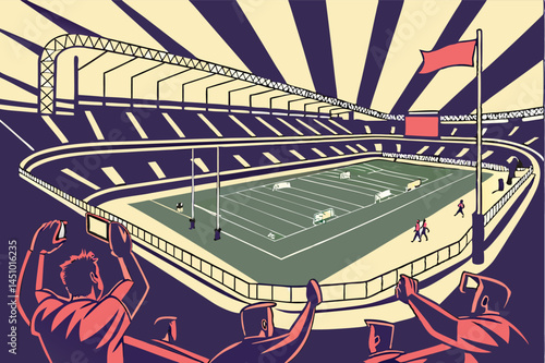 Vector illustration showcasing a vibrant rugby stadium filled with enthusiastic fans cheering during a match with a dramatic backdrop and panoramic view