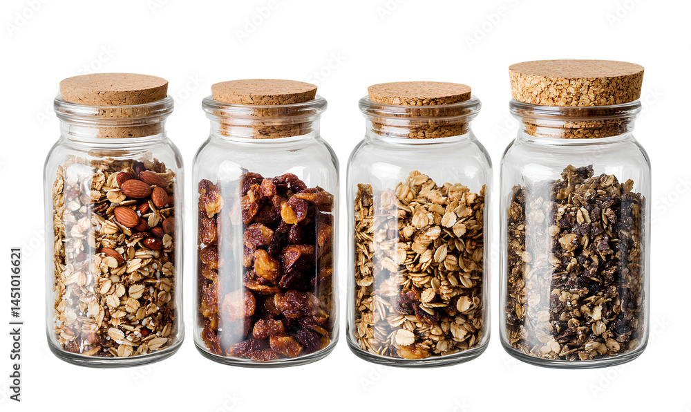 Mason jar with granola, dried fruits, and nuts isolated on a transparent background, cutout in PNG file format Mason jar with granola, dried fruits, and nuts isolated on a transparent background, cutout in PNG file format