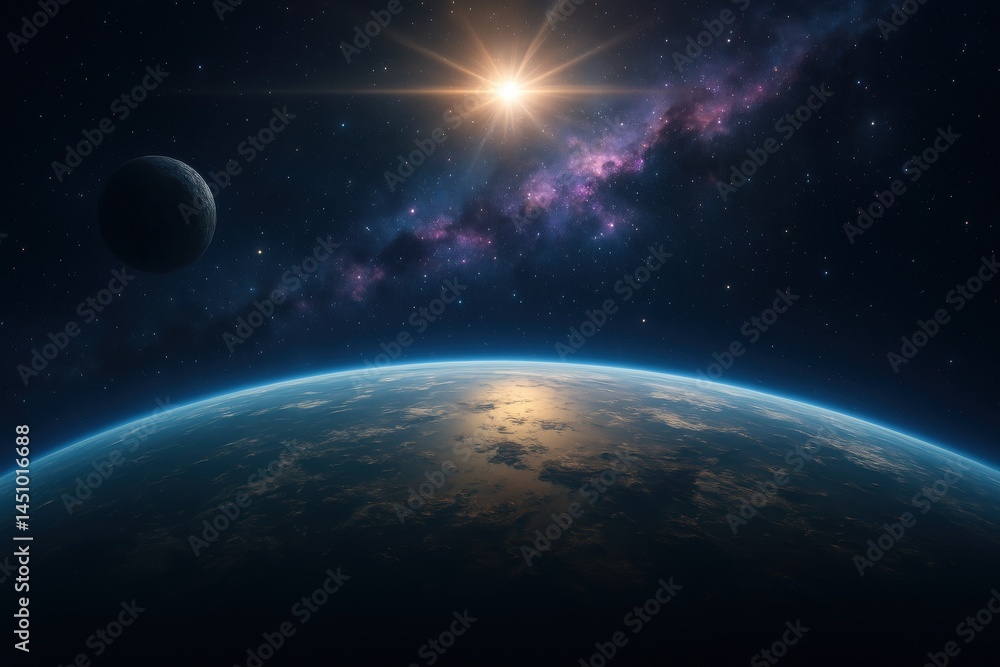 Fototapeta premium Digital space scene with planets and starburst light in deep space