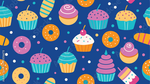 Colorful vector illustration of desserts featuring cupcakes, donuts, and cherries against a cheerful background with playful shapes and colors