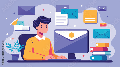 Vector illustration of a person engaged in email management at a desk surrounded by digital communication elements