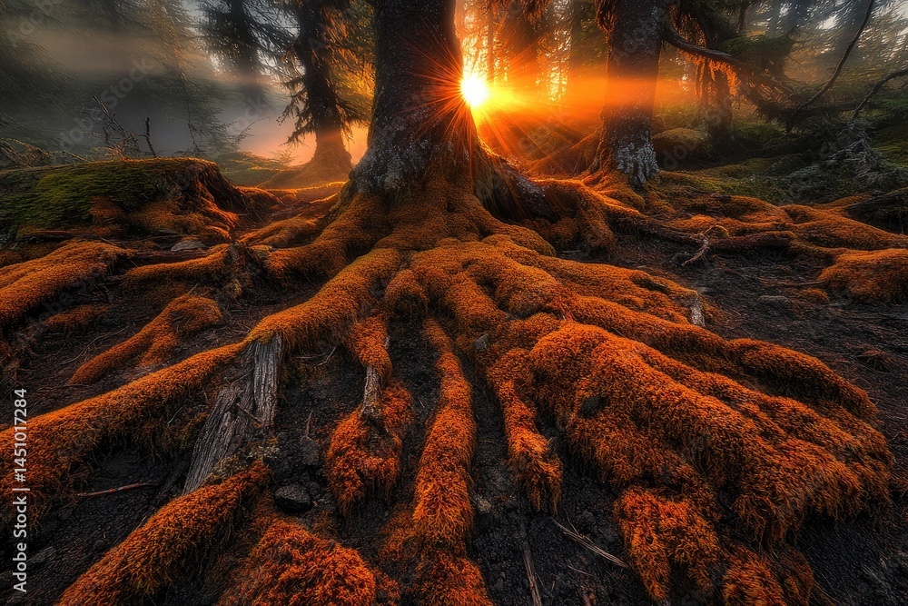 Naklejka premium Sunbeams pierce a misty forest, illuminating vibrant moss-covered roots