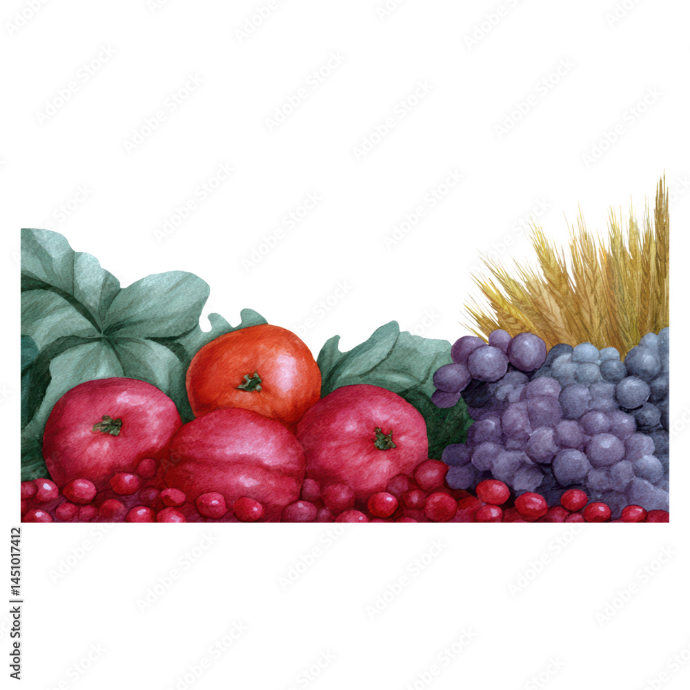 Colorful Arrangement of Fresh Fruits and Vegetables with Green Leaves and Vibrant Colors in a Rustic Style, isolated on transparent background. Colorful Arrangement of Fresh Fruits and Vegetables with Green Leaves and Vibrant Colors in a Rustic Style, isolated on transparent background.