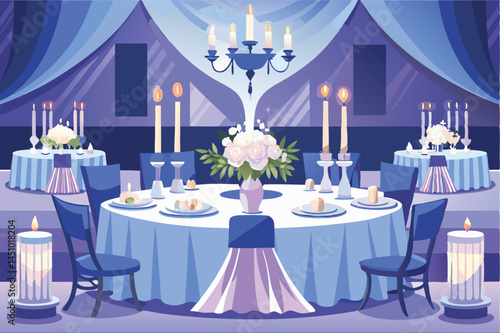 Elegant banquet setup featuring decorated tables with candles and flowers in a grand indoor venue for a special occasion in the evening