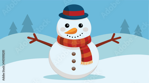 Happy snowman standing cheerfully in the winter snow, with a brown hat and red scarf, conveying a festive atmosphere of joy and playfulness during the snowy season