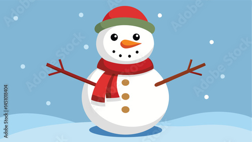 Happy snowman standing cheerfully in the winter snow, with a brown hat and red scarf, conveying a festive atmosphere of joy and playfulness during the snowy season