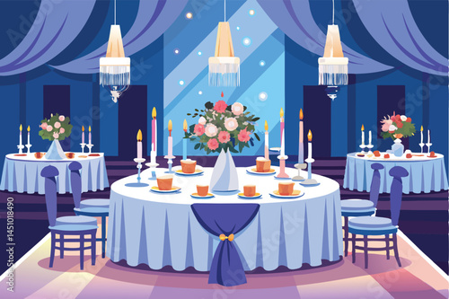 Elegant banquet setup featuring decorated tables with candles and flowers in a grand indoor venue for a special occasion in the evening
