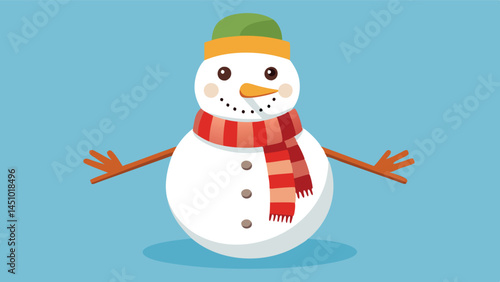 Happy snowman standing cheerfully in the winter snow, with a brown hat and red scarf, conveying a festive atmosphere of joy and playfulness during the snowy season