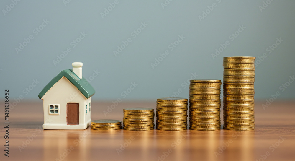 Miniature house with green roof and stacks of gold coins on a wooden surface with blue background selling, purchasing, agreement, $ Miniature house with green roof and stacks of gold coins on a wooden surface with blue background selling, purchasing, agreement, $