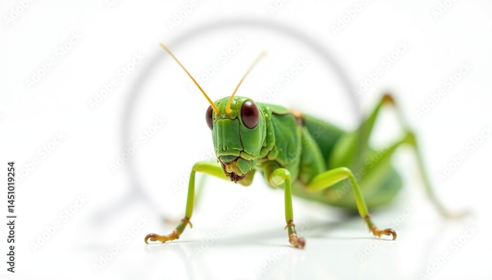 Magnified view of a green grasshopper against pure white backdrop, macro, grasshopper Magnified view of a green grasshopper against pure white backdrop, macro, grasshopper