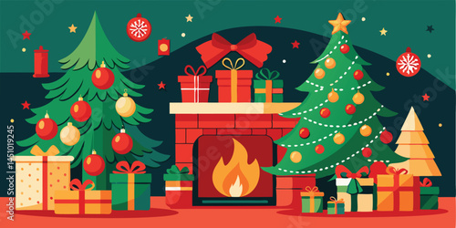 Festive vector illustration of a cozy Christmas setting with a decorated tree, fireplace, and colorful gifts in a cheerful holiday atmosphere