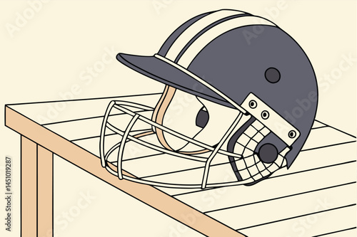 Stylish vector illustration of a cricket helmet resting on a wooden table, showcasing its design and details in a minimalist style that emphasizes craftsmanship and sports authenticity