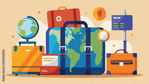 Colorful vector illustration showcasing travel essentials including suitcases, a globe, and travel gear for adventure seekers and explorers