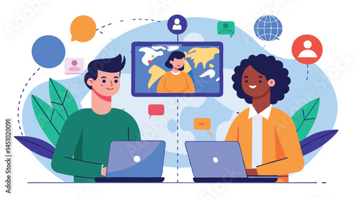Two professionals collaborating online in a colorful digital workspace while interacting with a virtual presenter and sharing ideas via laptops