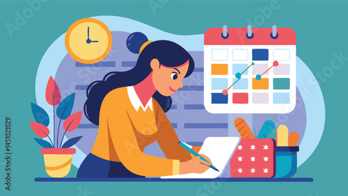 Vector illustration of a woman organizing her schedule while planning tasks, surrounded by plants, a calendar, and books during a creative working session at home