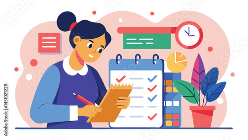 Vector illustration of a woman organizing her schedule while planning tasks, surrounded by plants, a calendar, and books during a creative working session at home