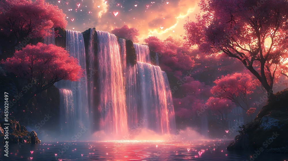 Mystical paradise waterfall lit with warm glowing ambiance high resolution photo Mystical paradise waterfall lit with warm glowing ambiance high resolution photo