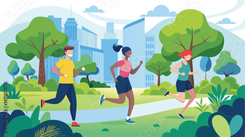 People jogging in a vibrant city park during daytime with modern skyscrapers in the background and lush greenery surrounding the path