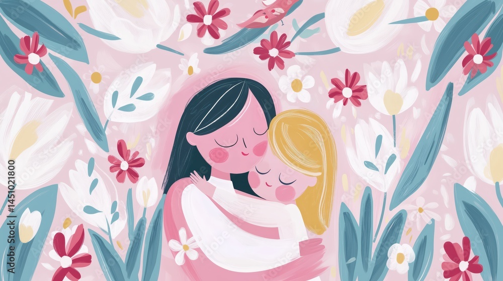 Mother hugging a daughter surromded by white tulips. Concept of Mother’s Day, warmth, parenthood, motherhood, parental love and care, relationship, daughterhood, flowers Mother hugging a daughter surromded by white tulips. Concept of Mother’s Day, warmth, parenthood, motherhood, parental love and care, relationship, daughterhood, flowers
