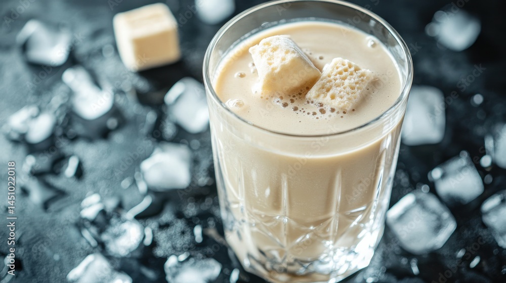 Vanilla Protein Shake in a Glass with Ice Cubes Vanilla Protein Shake in a Glass with Ice Cubes