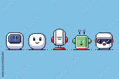 Five colorful cartoon characters lined up against a blue background showcasing their unique designs and expressions in a cheerful and playful exhibition