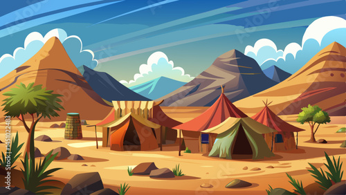 Bedouin tents rest quietly at the foot of ancient desert mountains