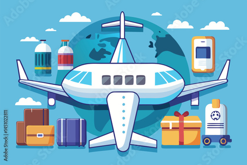Vector illustration of an airplane with travel luggage and parcels, representing air transport and logistics in a bright, playful style during daytime