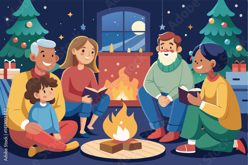 Family gathering around a cozy fireplace surrounded by festive decorations and a joyful atmosphere during the winter holiday season
