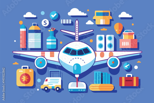 Vector illustration of an airplane with travel luggage and parcels, representing air transport and logistics in a bright, playful style during daytime
