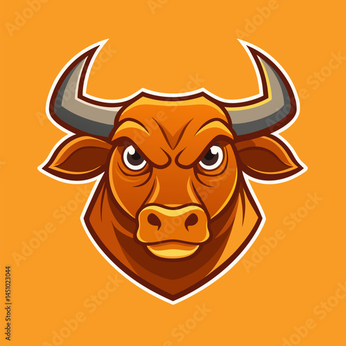 Aggressive Bull Mascot : A powerful bull mascot with an intimidating glare against a bright orange backdrop, embodies strength and determination in this striking design.