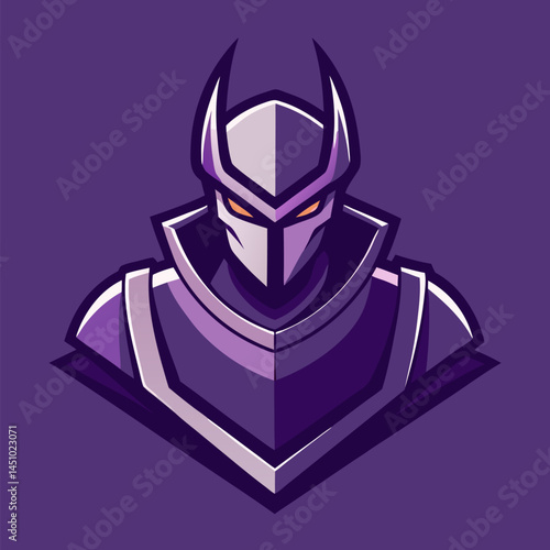 Enigmatic Knight: A stoic and powerful knight, clad in polished armor, stands with an air of unwavering resolve against a vibrant purple background.