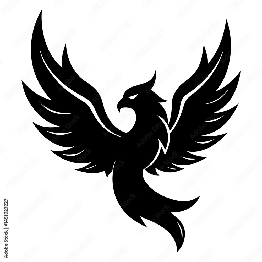 Fototapeta premium Phoenix in Flight: A powerful silhouette of a majestic phoenix in mid-flight, its wings spread wide as it soars through the sky.