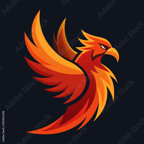 Fiery Phoenix: A majestic phoenix, its plumage ablaze with vibrant orange and red hues, takes flight against a dark background. Its powerful wings outstretched, it embodies strength, rebirth.