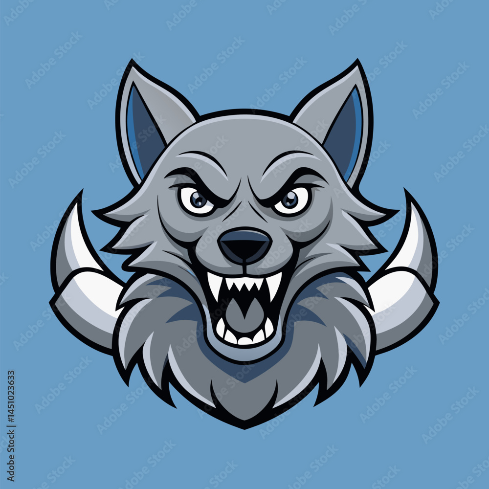 Obraz premium Ferocious Wolf Emblem: A striking illustration of a wolf, head and shoulders, exuding power and intensity. Its sharp teeth and intense gaze create a commanding presence.