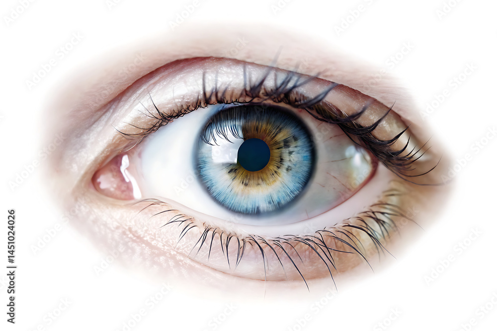 Fototapeta premium A sharp close-up of a blue-green eye with distinct veins in the sclera and detailed lashes, isolated on white background.PNG