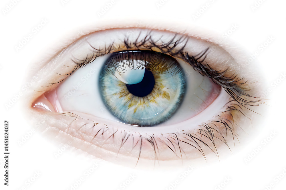 A sharp close-up of a blue-green eye with distinct veins in the sclera and detailed lashes, isolated on white background.PNG A sharp close-up of a blue-green eye with distinct veins in the sclera and detailed lashes, isolated on white background.PNG