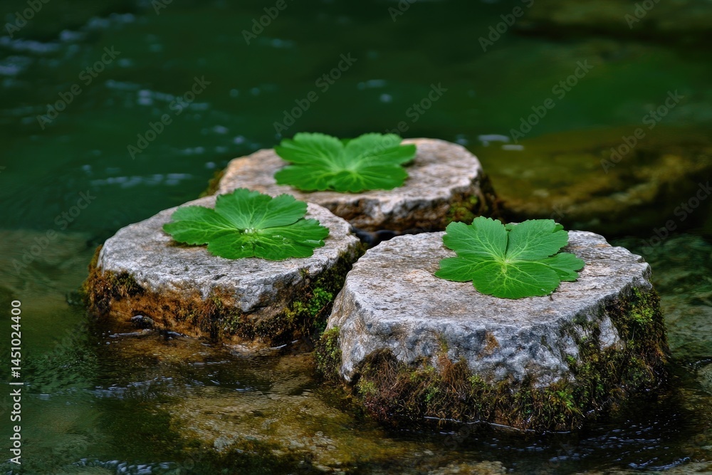 Three stones in a shallow stream, each with a vibrant green leaf. Tranquil scene of nature's beauty Three stones in a shallow stream, each with a vibrant green leaf. Tranquil scene of nature's beauty