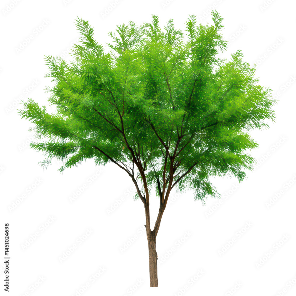 Fototapeta premium Lush Green Tree with Dense Foliage Surrounded by Bright Sunshine in a Clear Blue Sky, isolated on transparent background.