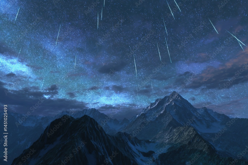 Stunning meteor shower lighting up mountainous landscape under a starry sky at night