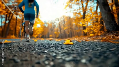 Runners on Path in Autumn Forest with Colorful Leaves and Sunlight