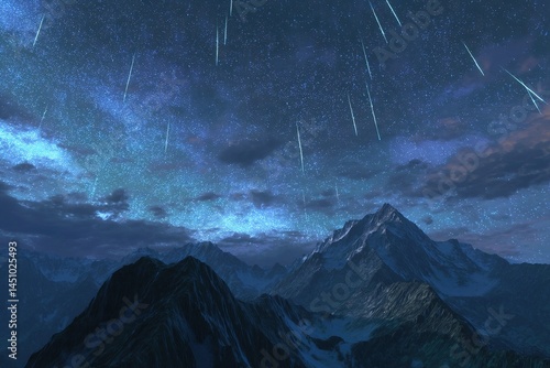 Obraz na płótnie Stunning meteor shower lighting up mountainous landscape under a starry sky at night w salonie