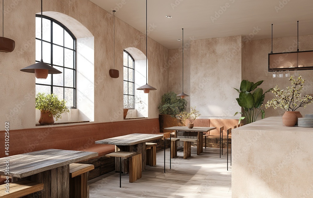 Modern cafe interior with natural light, greenery, and wooden furniture creating a cozy atmosphere for guests to relax and enjoy meals
