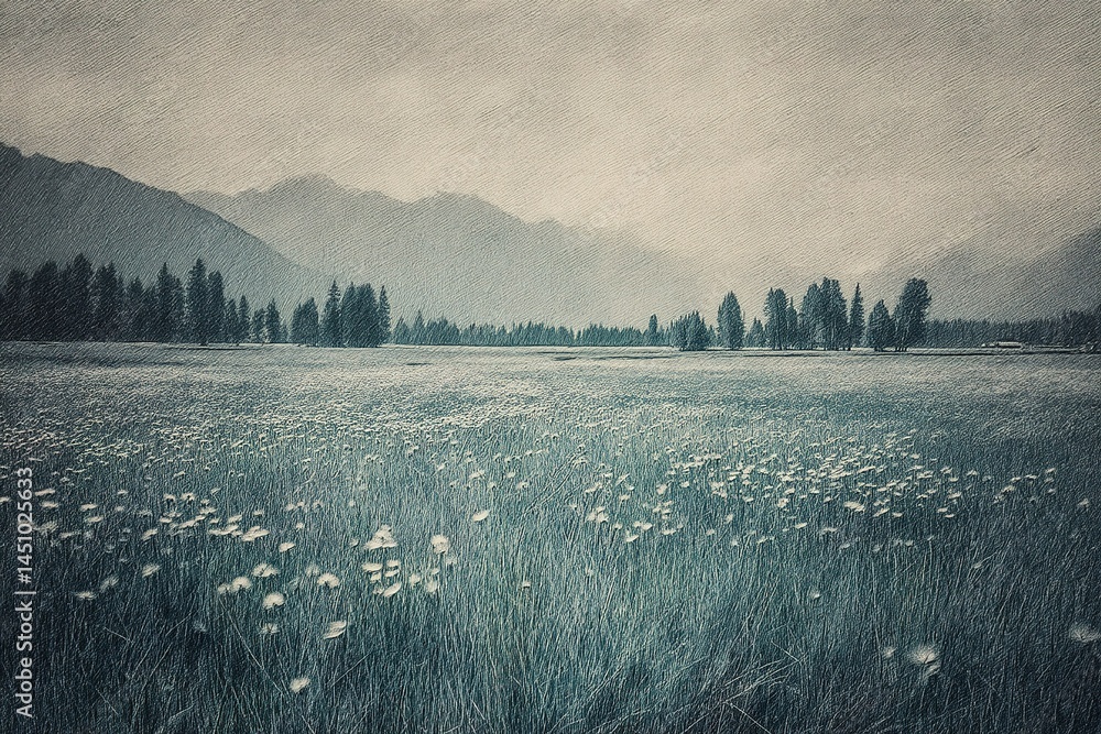Scenic landscape featuring a meadow with wildflowers under an overcast sky near mountains in early morning light