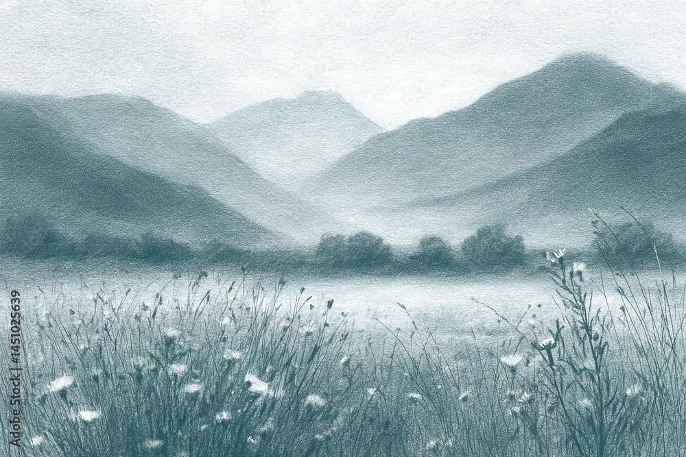 Mountain landscape with soft grey tones and delicate wildflowers on a misty morning